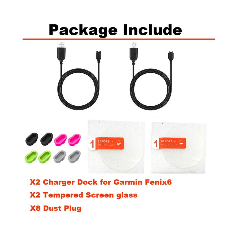 JIUJOJA 2Pack for Garmin Fenix 6/6 Pro/ 6 Sapphire/6 Solar Charging Sync Data Cable and 2Pcs Free HD Tempered Glass Screen Protector and 8pcs Color Charger Port Protector for Smart Watch - Image 2